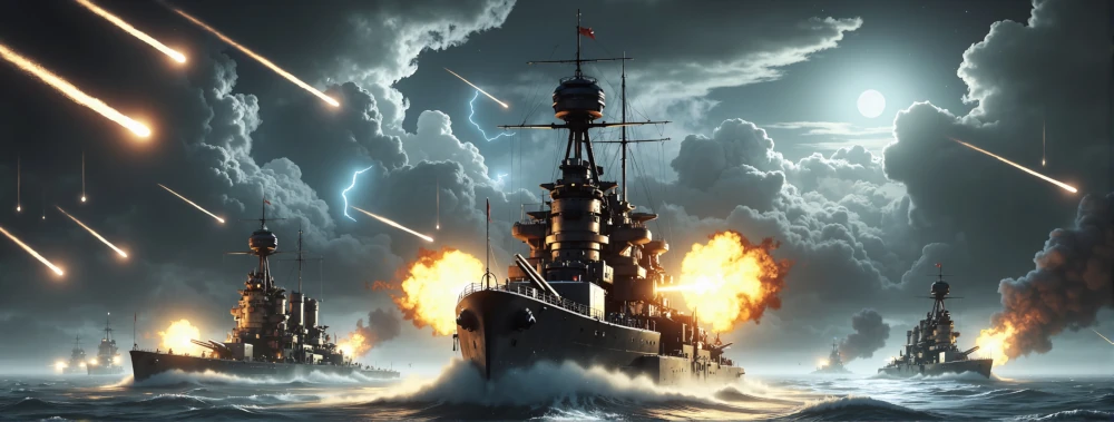 Battleships fighting at night